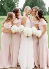 Victoria | Exquisite Sheath Light Pink Satin Maxi Bridesmaid Dress with Slit and Off the Shoulder - Price #price_variant_lowest# - Light Pink - PromDressClub
